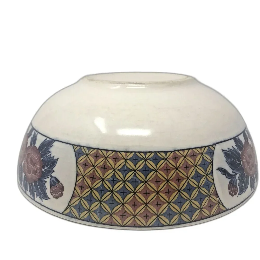 Japanese Arita Imari Bowl Blue Cream Gold Flowers Birds Vintage Porcelain 9 3/4